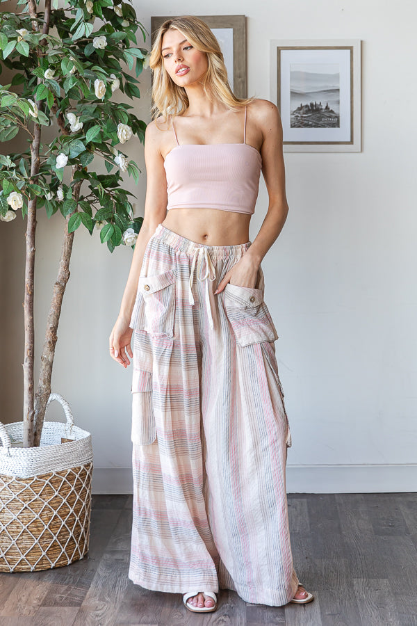 WASHED 3D POCKET NARROW STRIPE WIDE LEG PANTS
