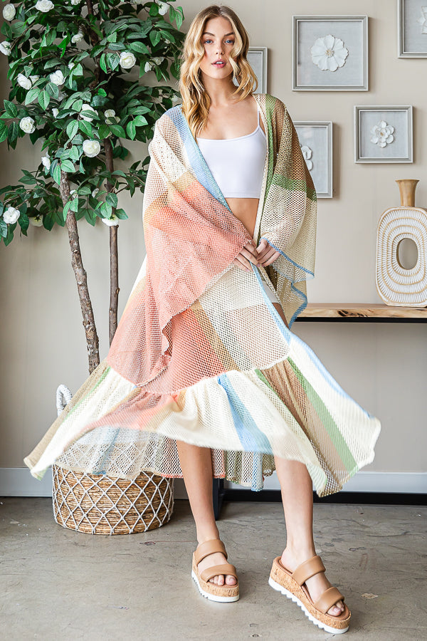 MULTICOLOR RUFFLE FLARE HEM KIMONO MESH CARDIGAN
