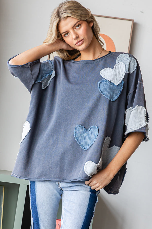 HEART PATCHWORK MINERAL WASHED SHORT SLEEVE TEE