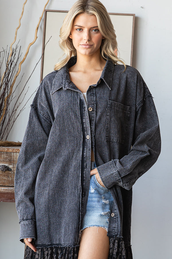 WASHED FLARE RUFFLE LACE HEM MIDI SHIRT DRESS