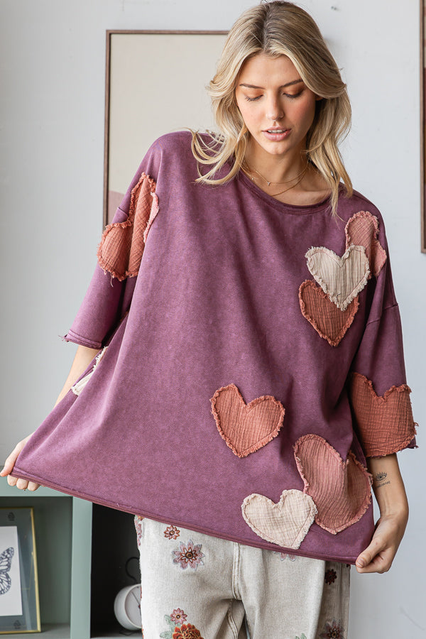 HEART PATCHWORK MINERAL WASHED SHORT SLEEVE TEE