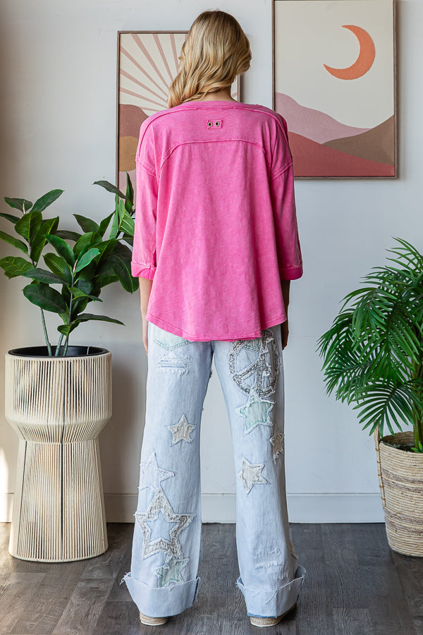 SMOCKED FRONT HENLEY NECK OVERSIZED TOP