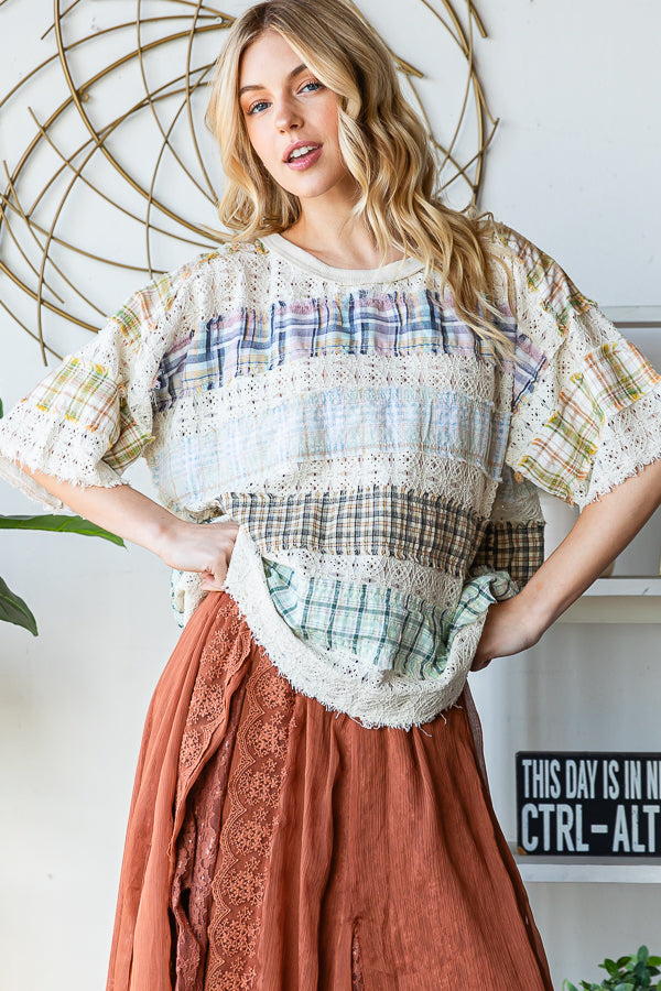 WASHED LACE INSERT PLAID MIX KNIT TOP
