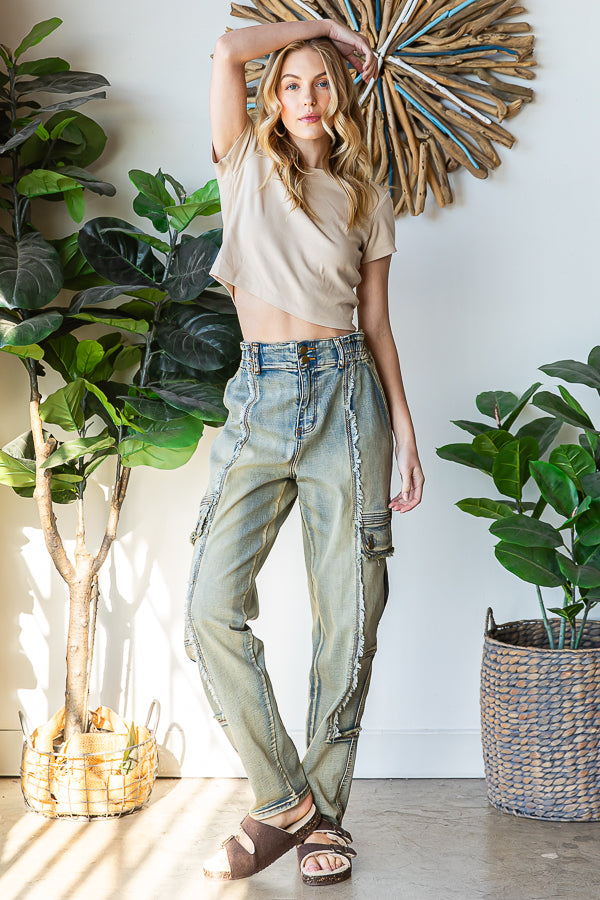 WASHED STRETCH CARGO DENIM JEANS