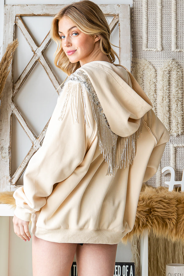SILVER SEQUIN FRINGED DETAIL HOODED JACKET