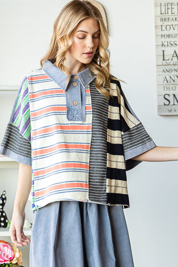 MULTI STRIPE MIXED COLLAR NECK SHIRT