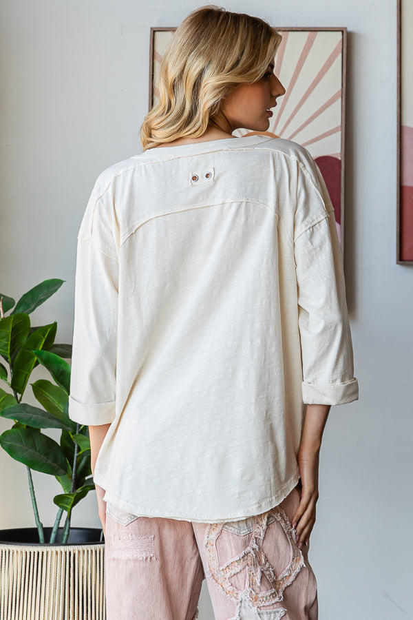 SMOCKED FRONT HENLEY NECK OVERSIZED TOP