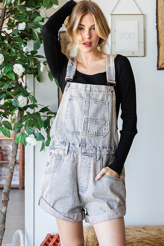 MINERAL WASHED FRONT POCKET DETAIL SHORTALLS