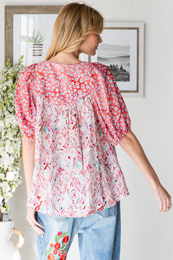 FLORAL MIXED PRINTED PUFF SHORT SLEEVE BLOUSE