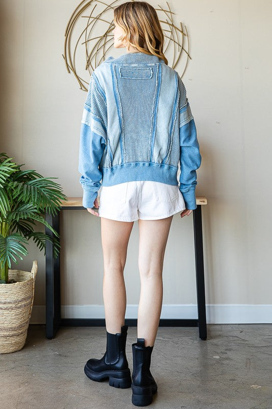 ZIP FRONT MIX HOODED CROPPED JACKET