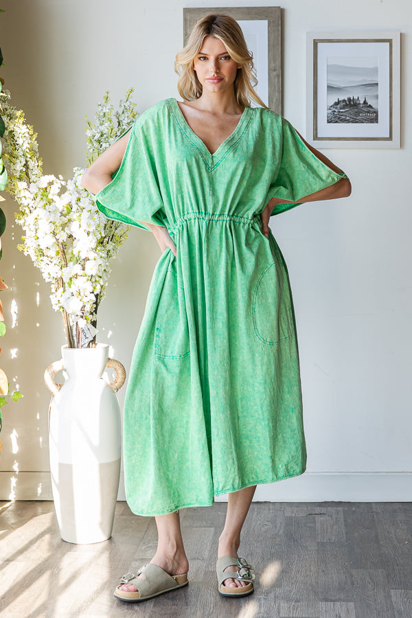 WASHED V NECK RUCHED WAIST COLD SHOULDER MAXI TOP