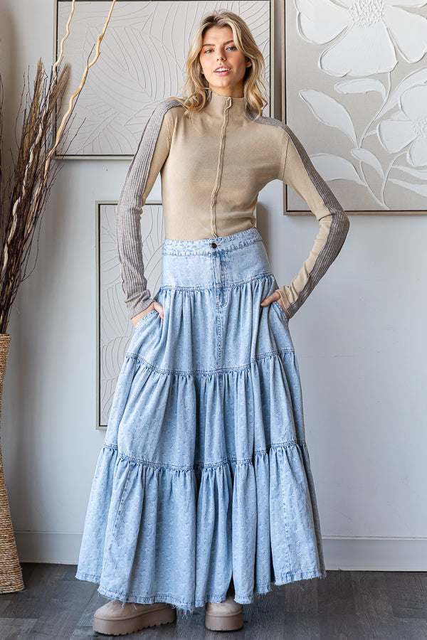 WASHED PRINTED MAXI TIERED SKIRT