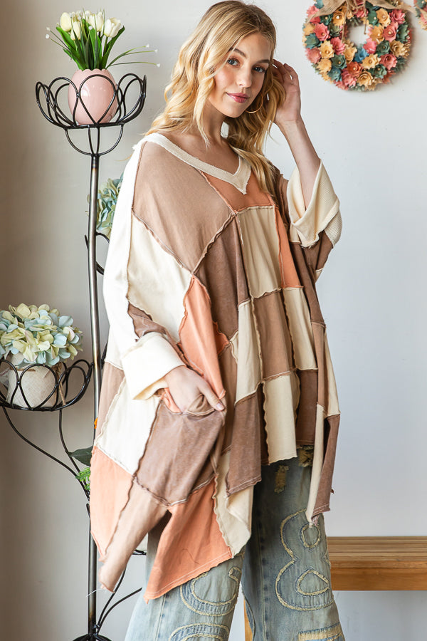 WASHED COLORBLOCK WIDE V NECK OVERSIZED TOP