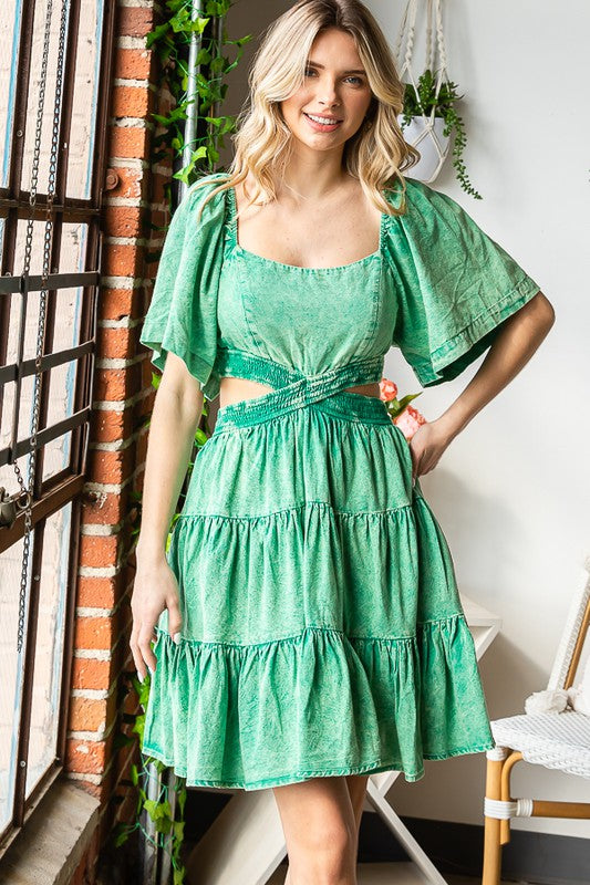 WASHED CROSS CUTOUT TIERED MINI DRESS