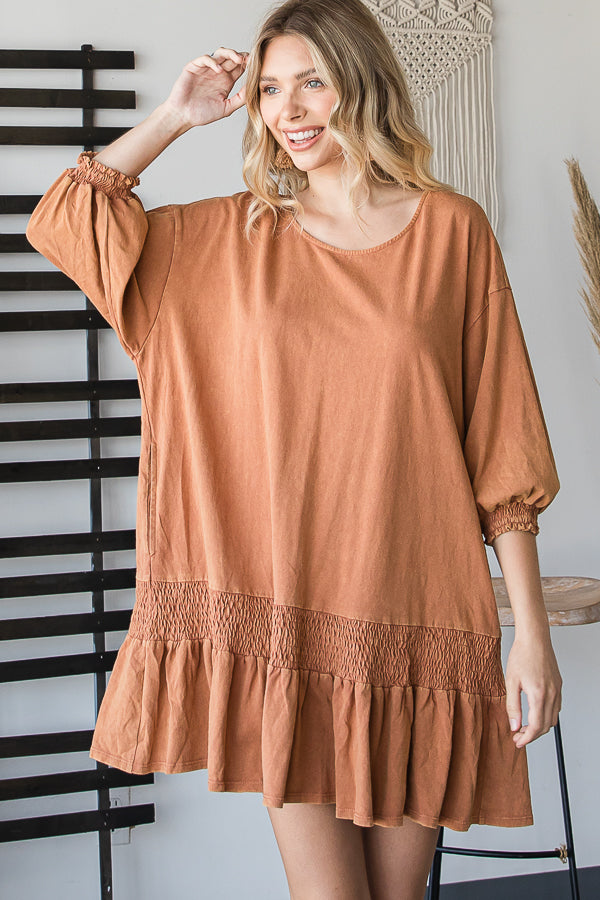 WASHED SMOCK DETAIL FLARE HEM OPEN BACK DRESS