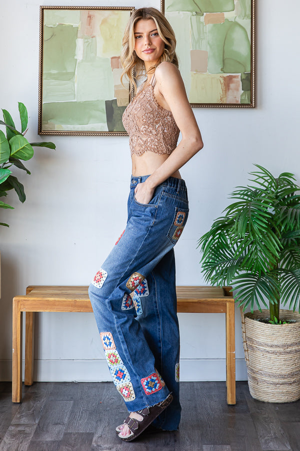 WASHED SQUARE CROCHET PATCHWORK DENIM JEANS