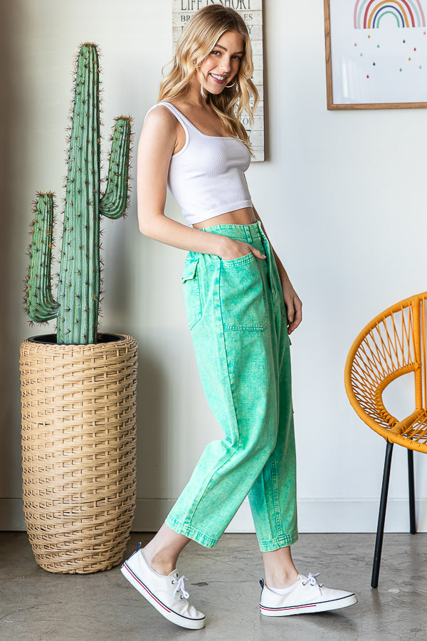 WASHED POCKETS HIGH WAIST CARGO PANTS