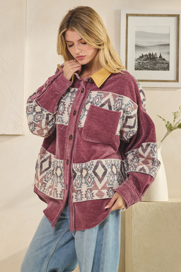 WASHED AZTEC PRINTED MIXED BUTTON DOWN SHACKET