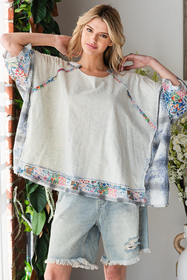 WASHED MULTI PRINT PATCHWORK OVERSIZED TOP