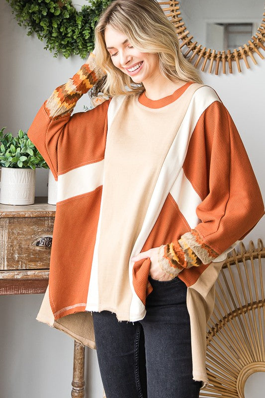 WASHED COLORBLOCK HILOW HEM PULLOVER TOP