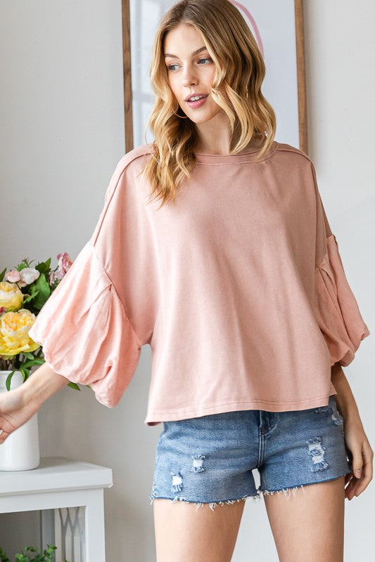 WASHED BUBBLE SHORT SLEEVE KNIT TOP