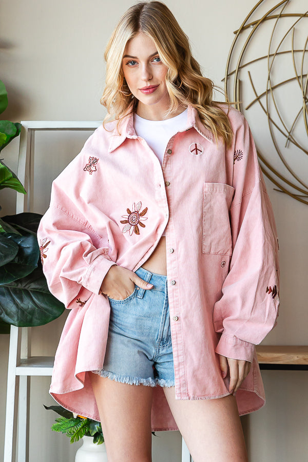 WASHED EMBROIDERED BUTTON DOWN CORDUROY SHIRT