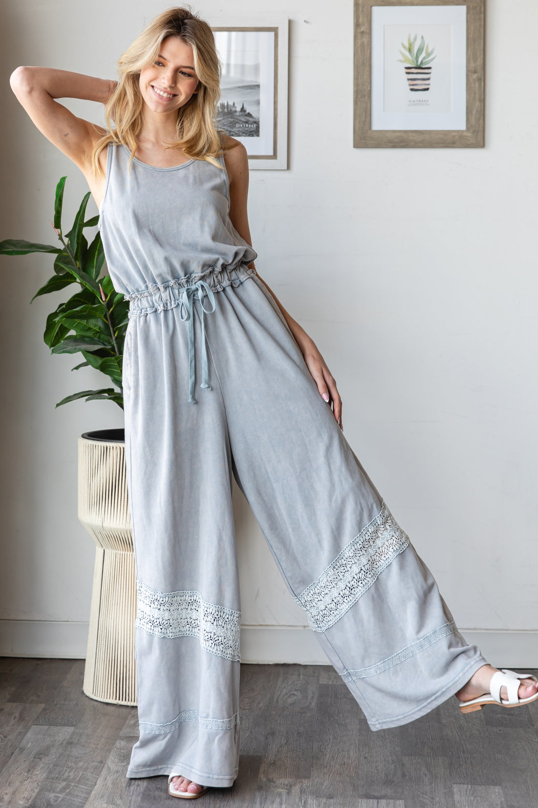 WASHED LACE DETAIL WITH WAIST STRING JUMPSUIT