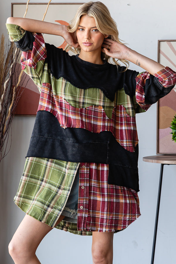 WASHED PLAID PATCHWORK TUNIC LONG SLEEVE TOP