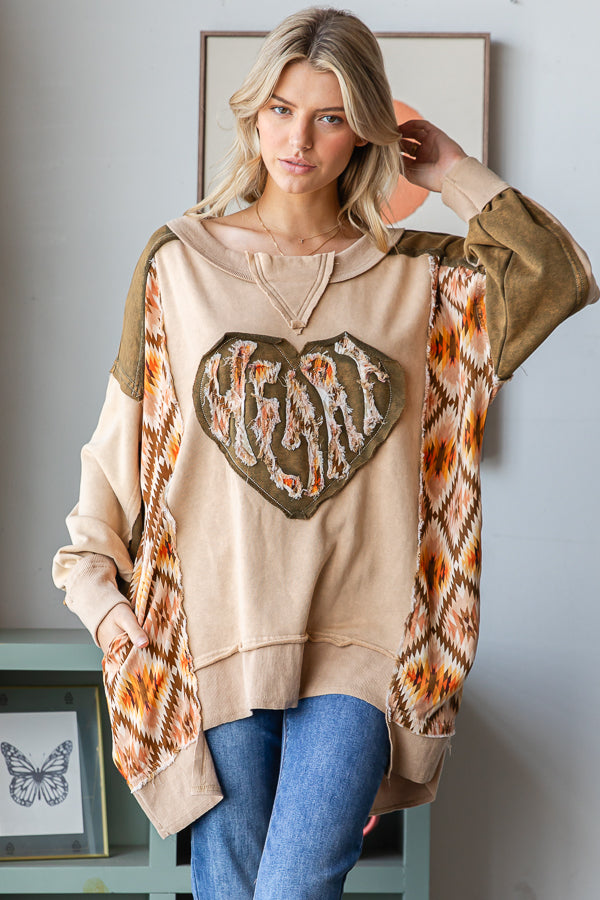 WASHED LOVE HEART PATCHWORK PULLOVER TOP