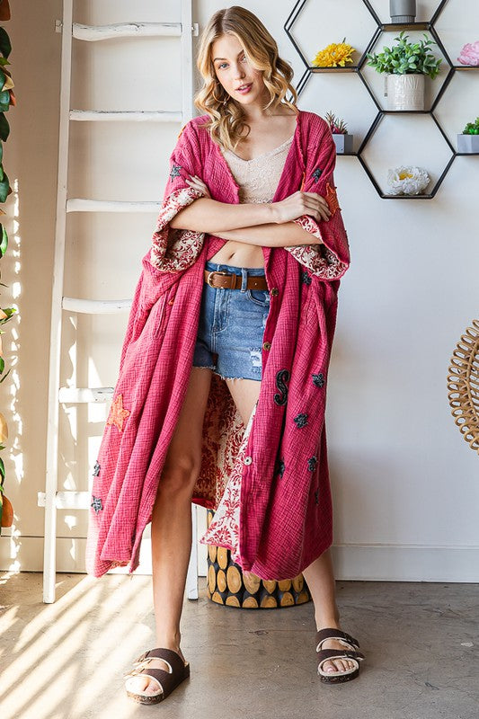 WASHED STAR PATCHWORK DETAIL BUTTON FRONT DUSTER