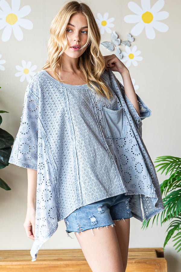 WASHED ASYMMETRICAL HEM OVERSIZED EYELET TOP