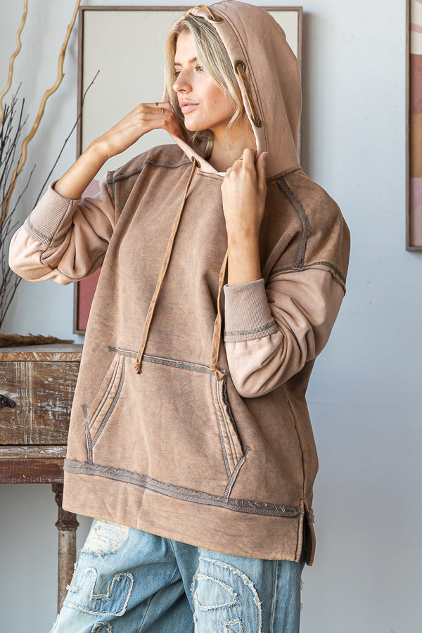 WASHED DRAWSTRING HOODED PULLOVER TOP