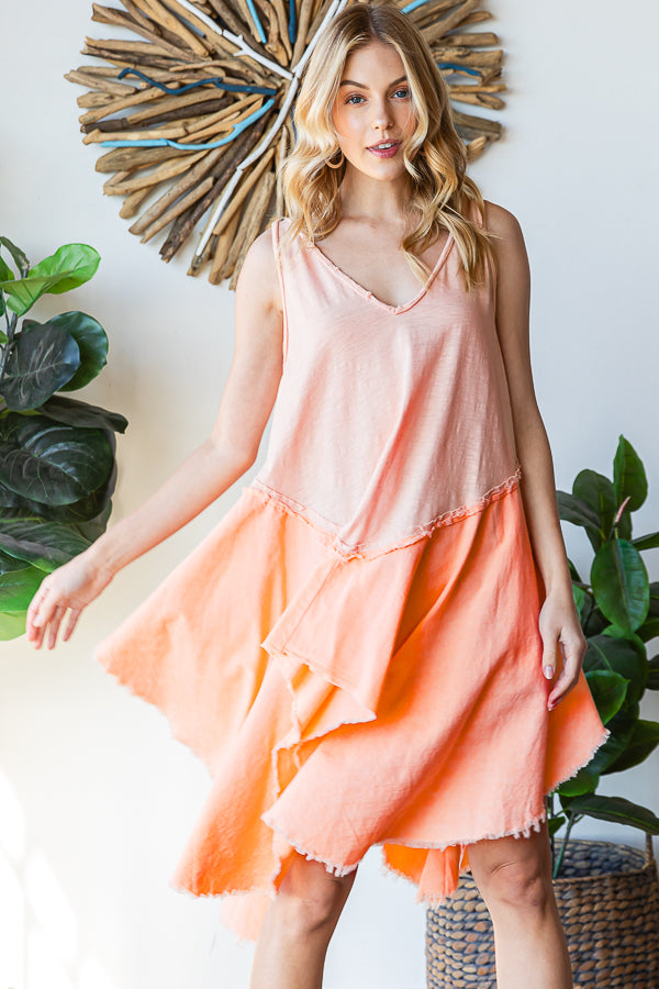 WASHED MIX MEDIA ASYMMETRICAL HEM TUNIC DRESS