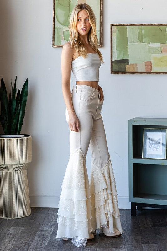 MULTI LAYER LACE FLARE HEM DENIM JEANS