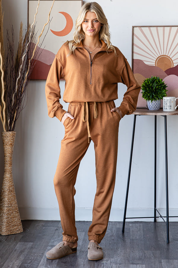 ZIP FRONT NECK CONTRAST BACK POCKET JUMPSUIT