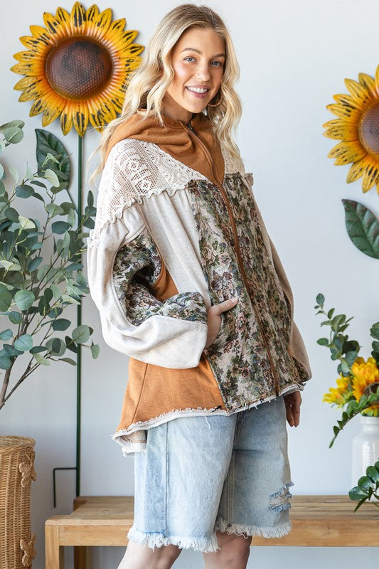 LACE YOKE LONG SLEEVE ZIP CLOSURE HOODED JACKET