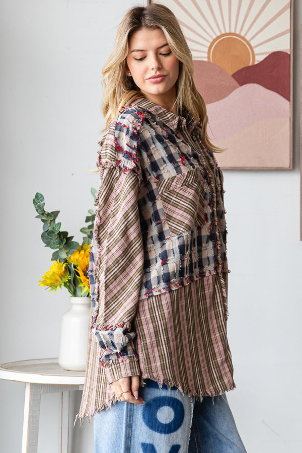 WASHED PLAID DISTRESSED DETAIL BUTTON DOWN SHIRT