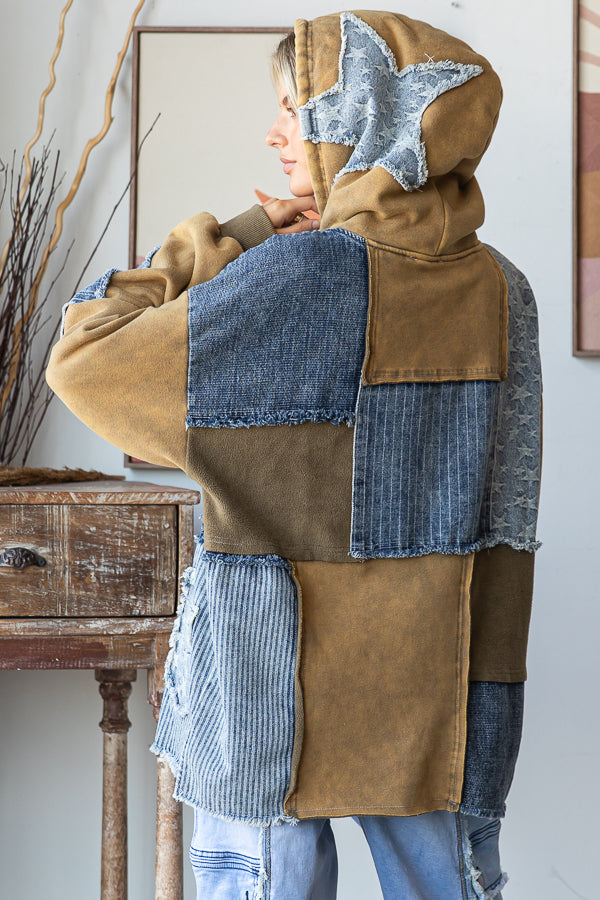 WASHED PATCHWORK DENIM HOODED PULLOVER TOP