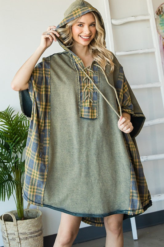 WASHED MIX MEDIA PLAID DETAIL OVERSIZED TUNIC TOP