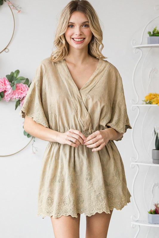 WASHED SURPLICE FRONT EYELET HEM PEPLUM BLOUSE