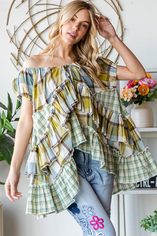 PLAID PATTERN RUFFLE SHORT SLEEVE BABYDOLL TOP