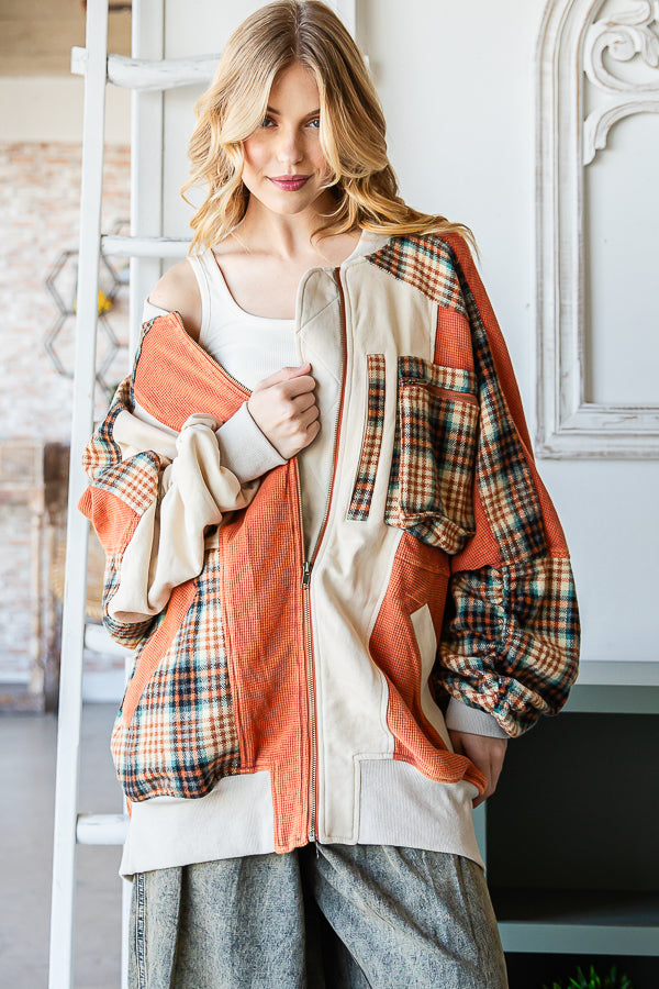 WASHED COLORBLOCK ZIP FRONT BOMBER TERRY JACKET