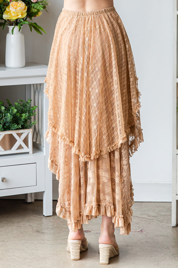 LAYERED IRREGULAR LACE FLARE MIDI SKIRT