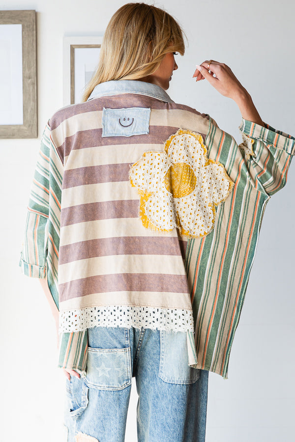 FLOWER PATCHWORK MULTICOLOR STRIPED TOP