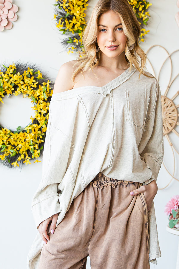 OVERSIZED V NECK SHARKBITE HEM SOFT KNIT TOP