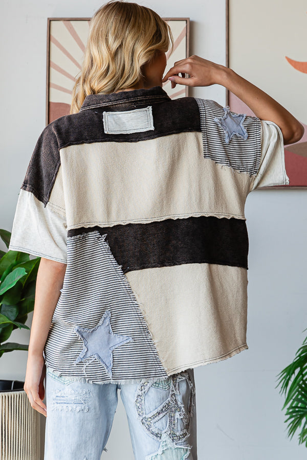 WASHED STAR PATCHWORK HALF COLLARED SHIRT