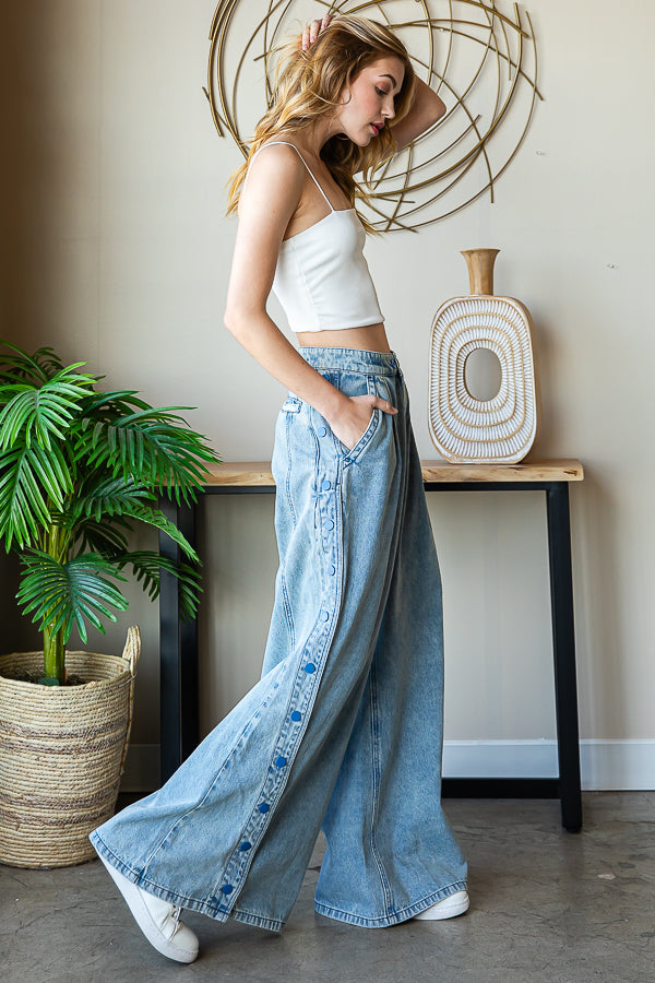 WASHED WIDE LEG FLARED PALAZZO DENIM PANTS