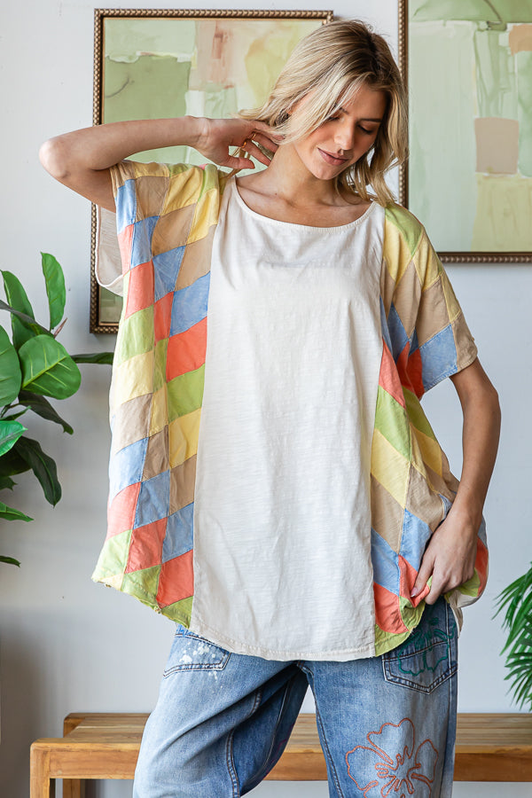 WASHED MULTICOLOR GEO PATCHWORK OVERSIZED TOP