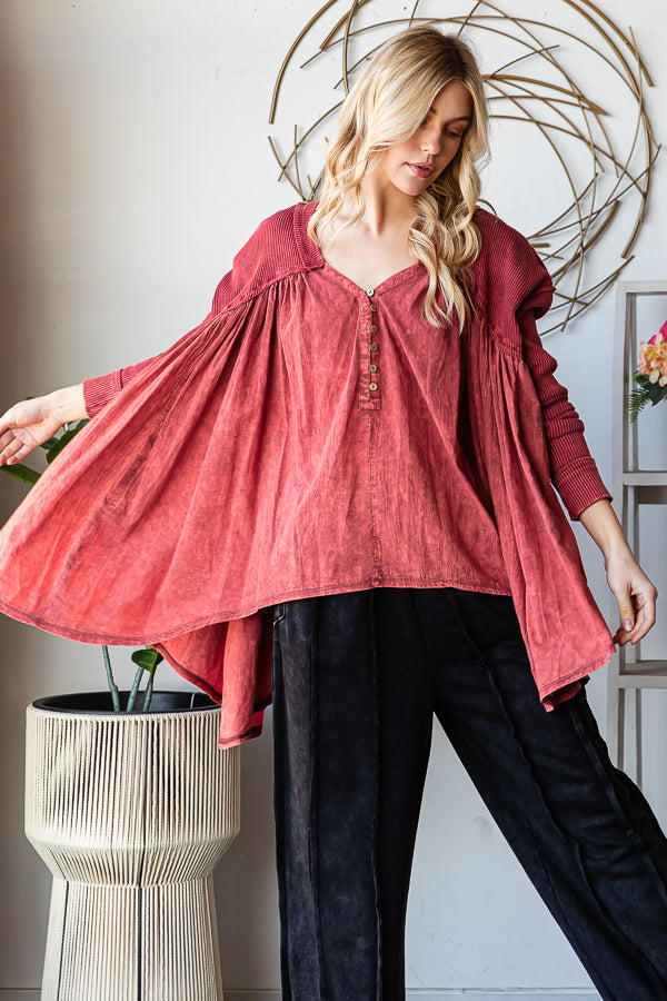 WASHED PLEATED DETAIL LONG SLEEVE FLARE TUNIC TOP