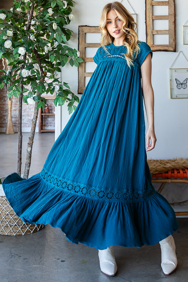 CROCHET YOKE RUFFLE FLARE HEM GAUZE MAXI DRESS